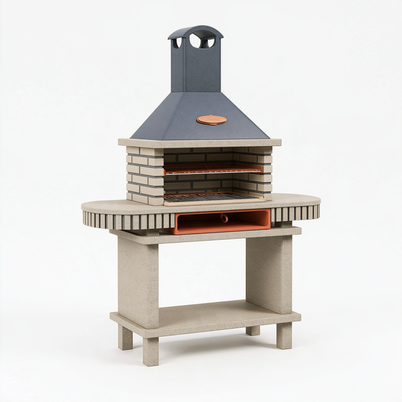 Barbecue de jardin 120 x 70 x 210 cm en brique et acier gris avec cheminée