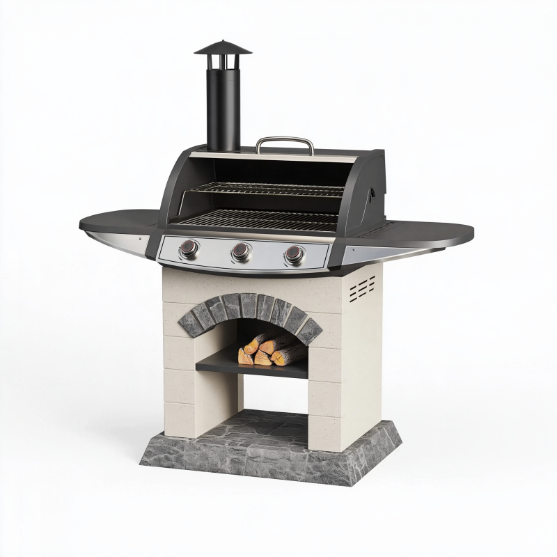 Barbecue à gaz 160 x 70 x 190 cm acier noir et inox avec cheminée et tablettes