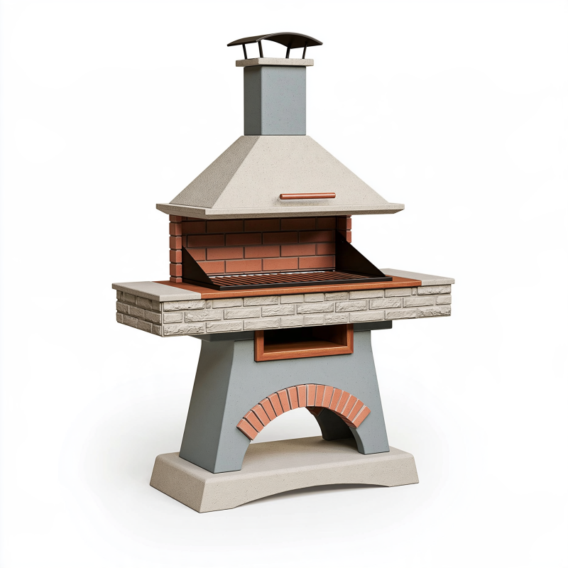 Barbecue de jardin en béton et brique gris terracotta 120 x 70 x 210 cm avec hotte