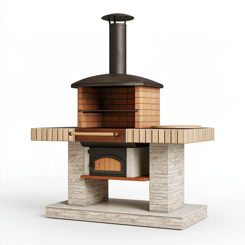 Barbecue extérieur 180 x 90 x 250 cm en brique pierre et métal beige brun noir avec cheminée et plan de travail