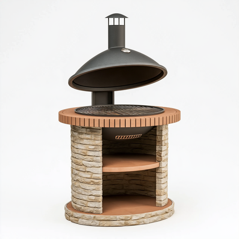 Barbecue de jardin rond 110 cm en pierre et acier noir avec hotte