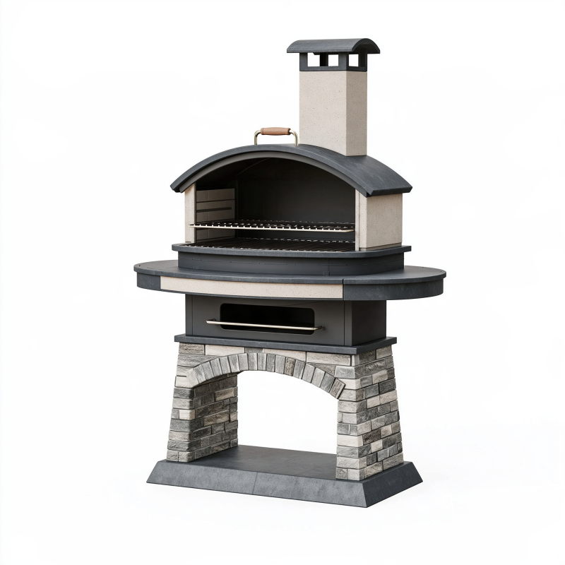 Barbecue de jardin 120 x 70 x 200 cm en pierre et acier gris noir avec cheminée