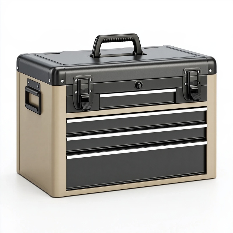 Coffre à outils 60 x 30 x 40 cm en métal noir/beige avec tiroirs et poignées de transport