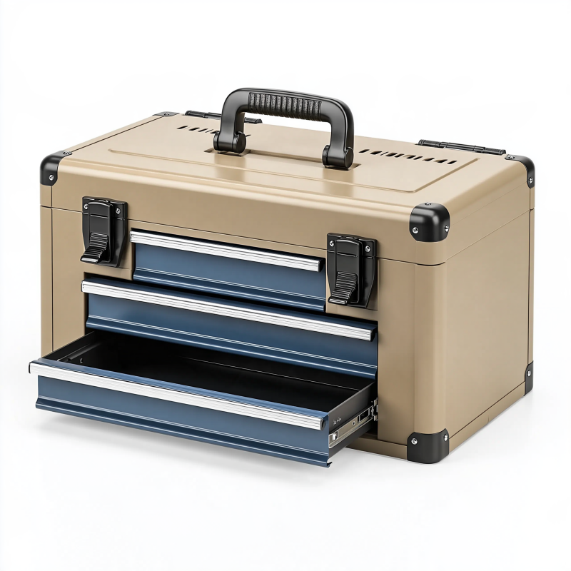 Caisse à outils 50 cm en acier beige et bleu à 3 tiroirs portable
