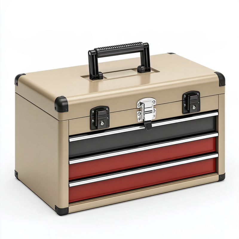 Coffre à outils 60 x 30 x 35 cm en métal beige avec tiroirs et poignée
