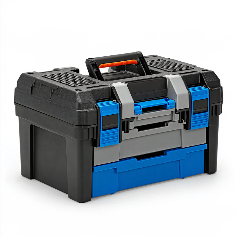 Boîte à outils 48 x 25 x 28 cm en plastique noir gris bleu avec poignée de transport
