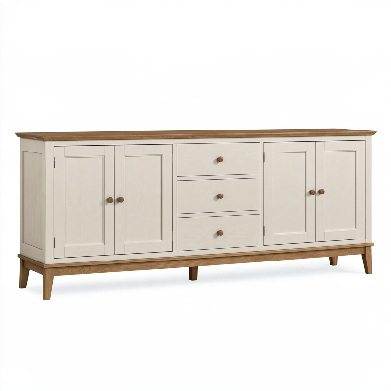 Buffet 180 cm crème et marron en bois avec 4 portes et 3 tiroirs style campagne