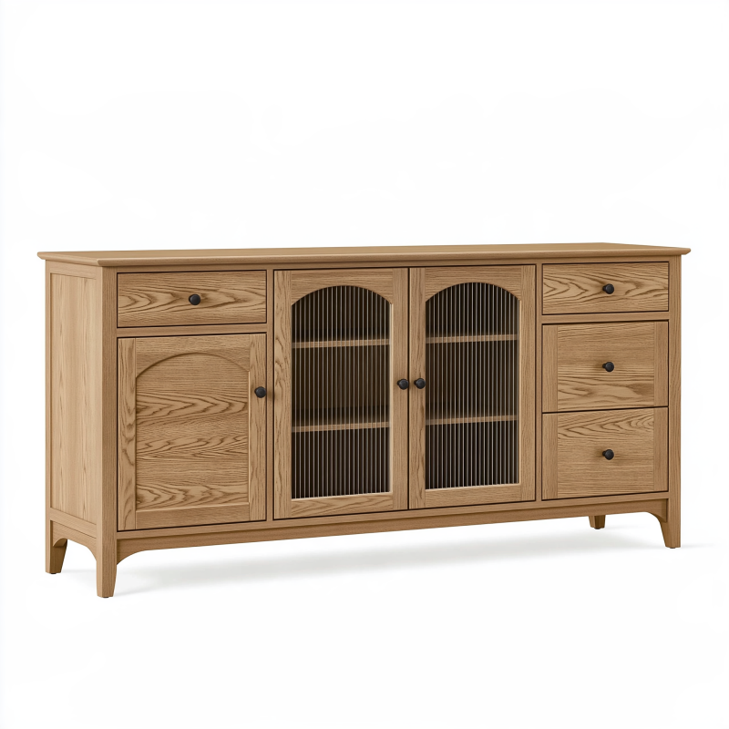 Buffet 180 x 45 x 85 cm en bois chêne naturel à 4 portes et 4 tiroirs style classique