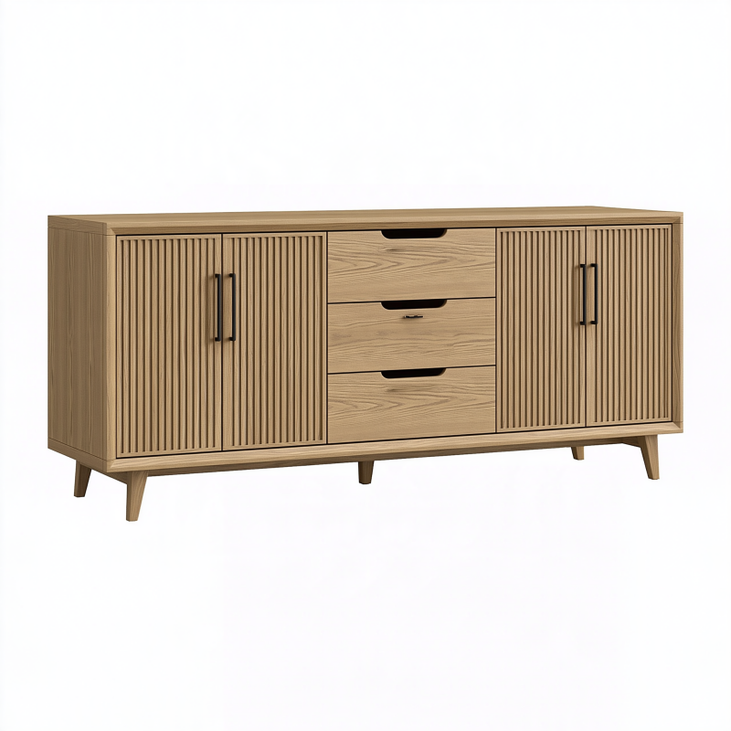 Buffet 180 x 40 x 80 cm en panneaux de bois chêne clair avec 3 tiroirs et 4 portes style contemporain