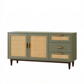 Buffet 140 x 40 x 75 cm vert kaki et cannage en rotin avec 3 tiroirs