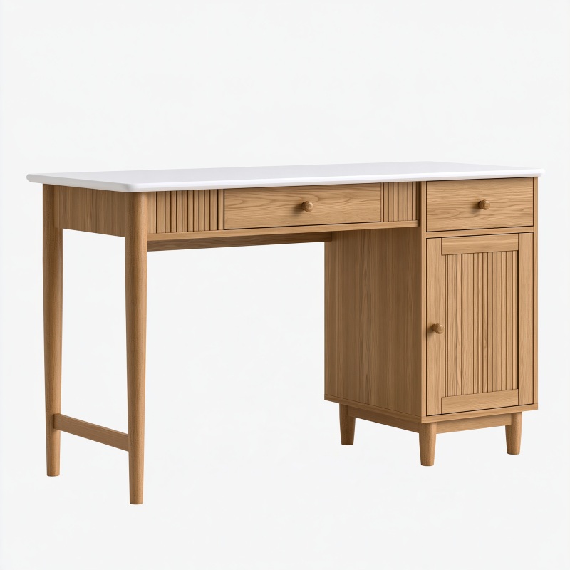 Bureau 120 x 60 x 75 cm en bois chêne et blanc avec tiroirs et rangement