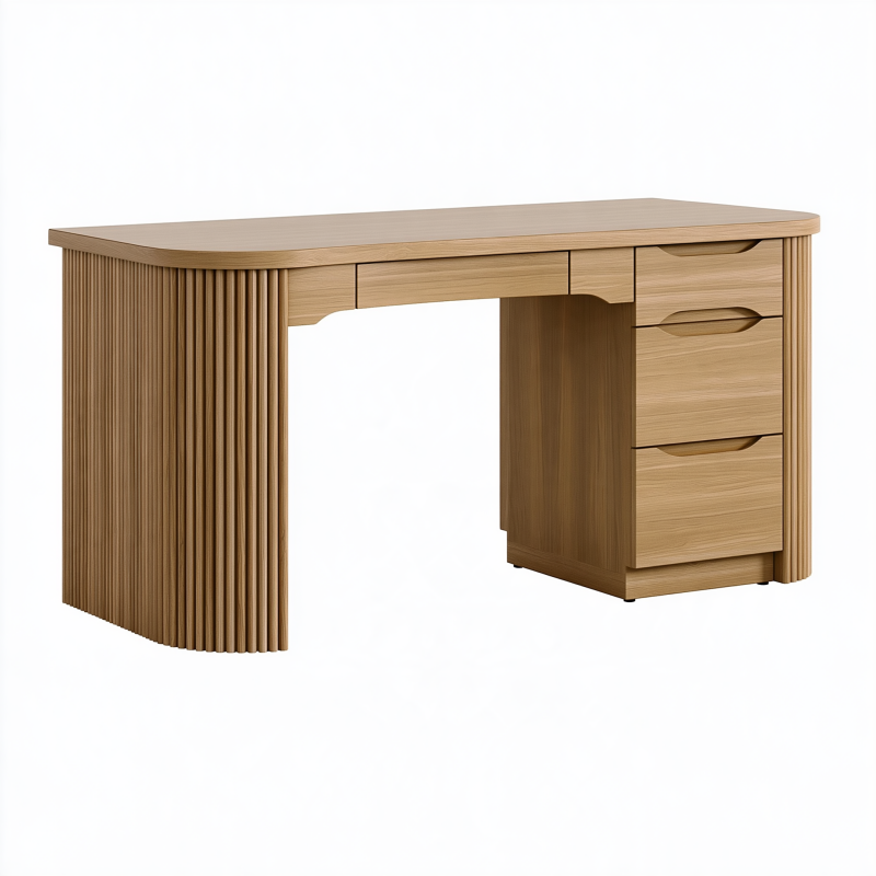Bureau 140 x 60 cm en panneaux aspect chêne avec 5 tiroirs style contemporain