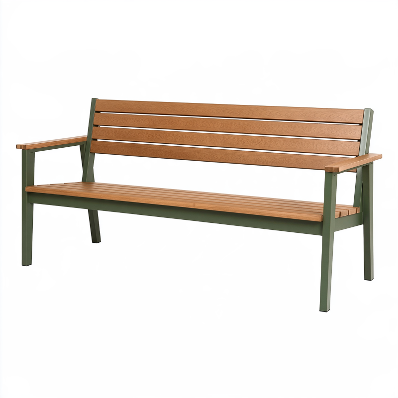 Banc de jardin 150 cm en bois brun et acier vert avec accoudoirs