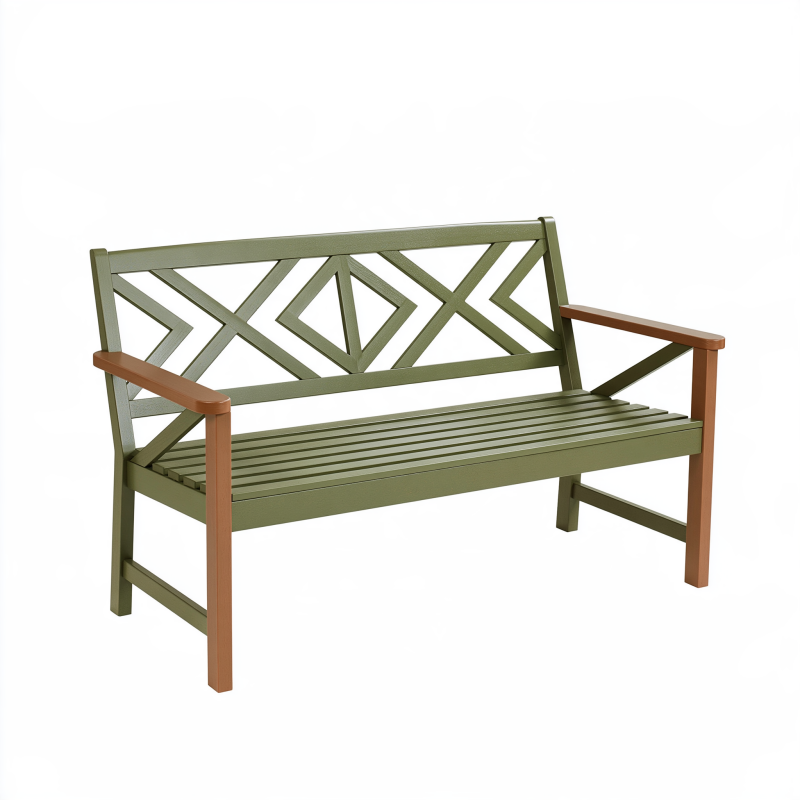 Banc de jardin 122 cm en métal vert et brun à dossier géométrique