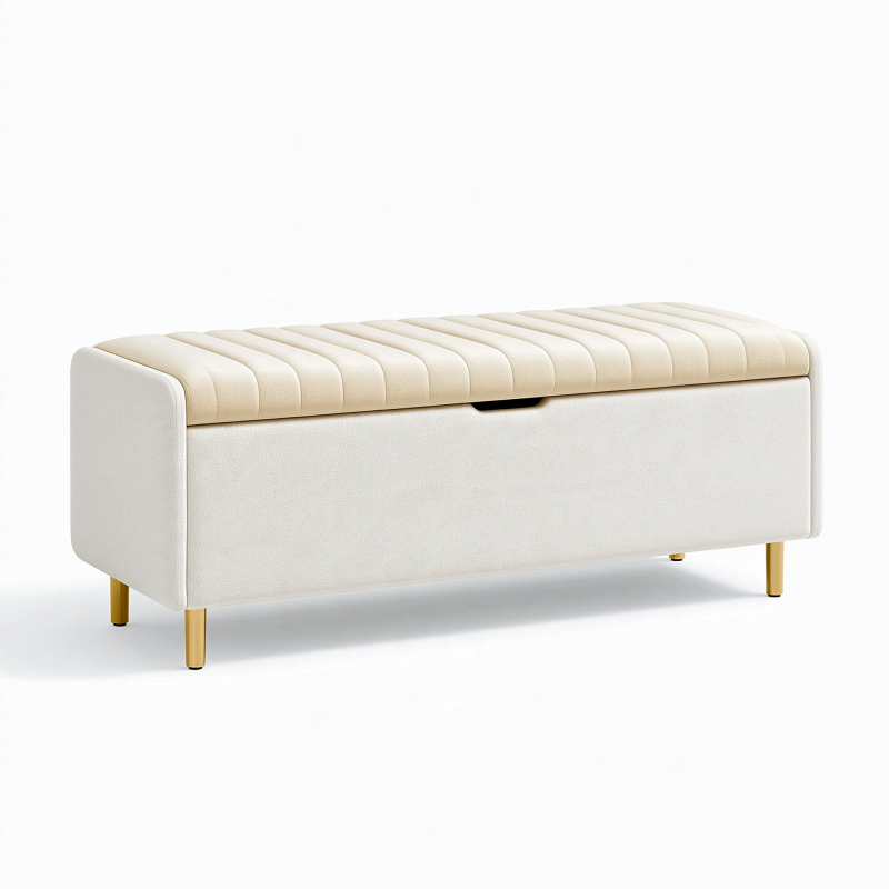 Banc coffre de rangement 120 cm en tissu crème avec pieds dorés capitonnés