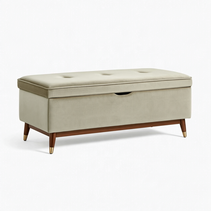 Banc coffre 100 x 40 x 45 cm en tissu beige avec pieds en bois rangement style rétro