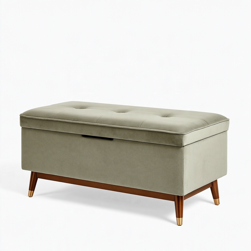 Banc coffre 110 x 45 x 48 cm en tissu vert kaki avec rangement style rétro