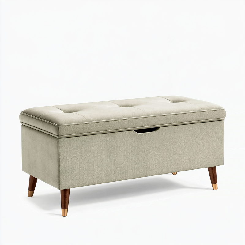 Banc coffre 100 cm en tissu beige avec rangement et pieds en bois