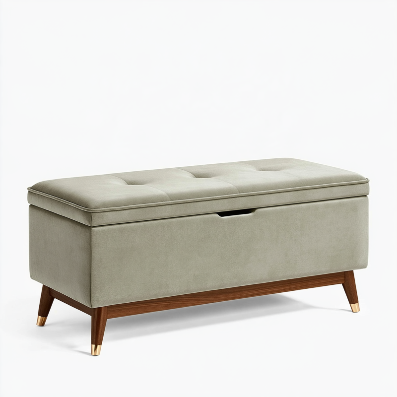 Banc coffre 100 x 40 x 48 cm en tissu beige avec pieds en bois style moderne